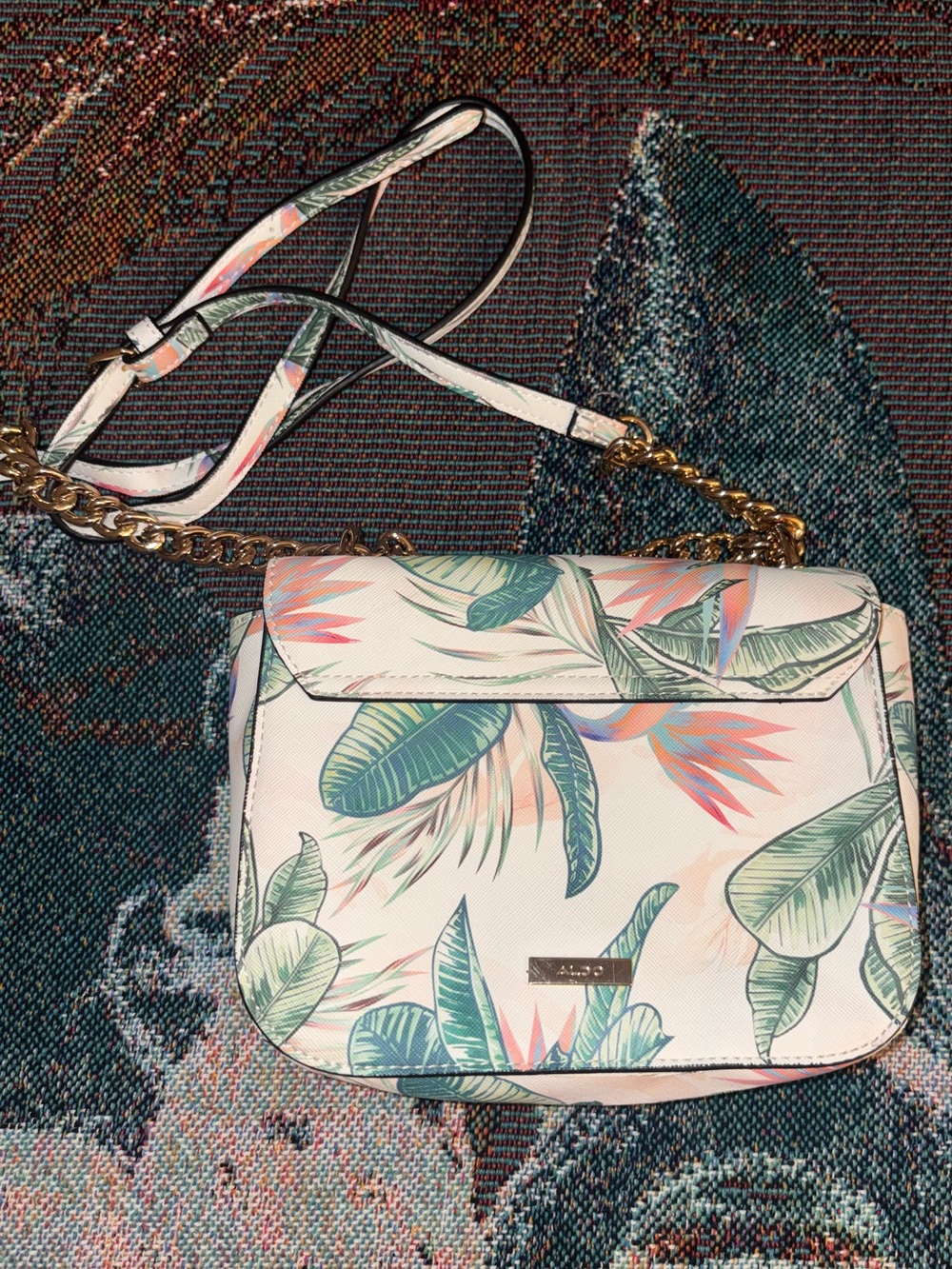 Aldo White Crossbody Bag with Green Tropical Leaf Print & Rhinestone Gold Detail